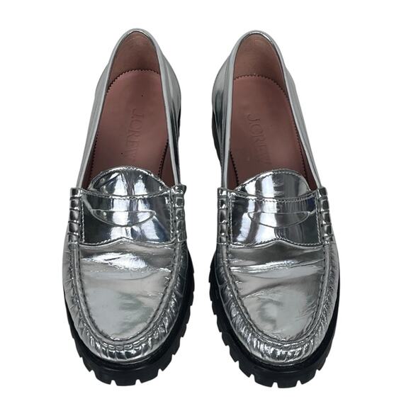 J Crew Silver Patent Leather Loafers Womens 8.5 Slip On Holiday Preppy Academia - Picture 2 of 10